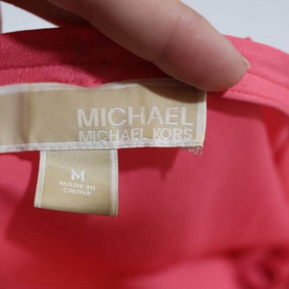 Michael Michael Kors Hot Pink Gold Zip V-Neck Blouse Relaxed Cap Sleeve Medium - Picture 9 of 10